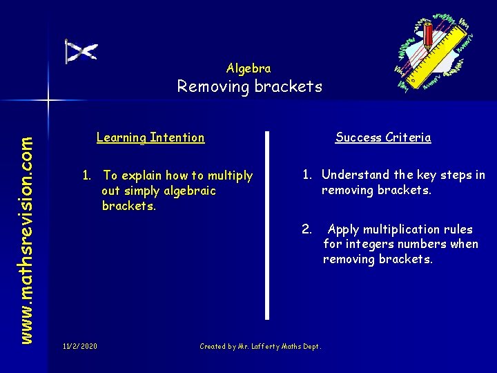 Algebra www. mathsrevision. com Removing brackets Learning Intention 1. To explain how to multiply