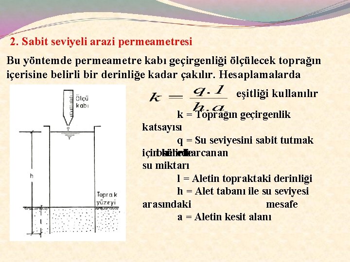 2. Sabit seviyeli arazi permeametresi Bu yöntemde permeametre kabı geçirgenliği ölçülecek toprağın içerisine belirli