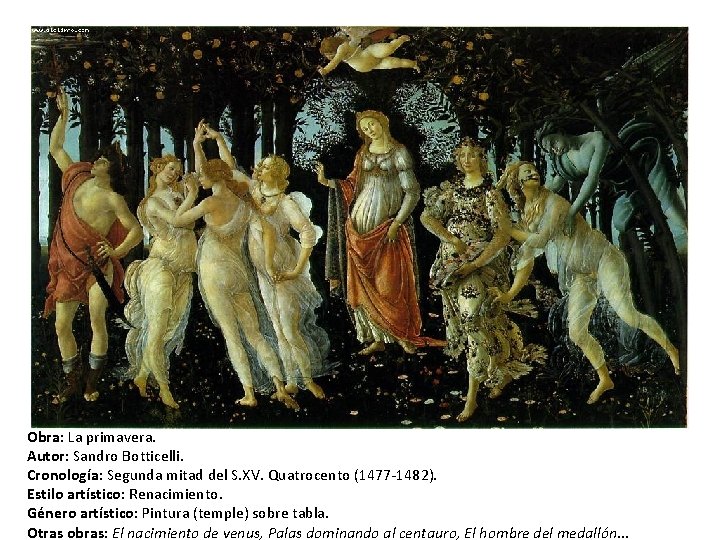 Obra: La primavera. Autor: Sandro Botticelli. Cronología: Segunda mitad del S. XV. Quatrocento (1477