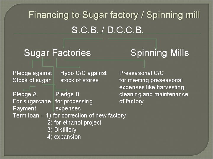 Financing to Sugar factory / Spinning mill S. C. B. / D. C. C.