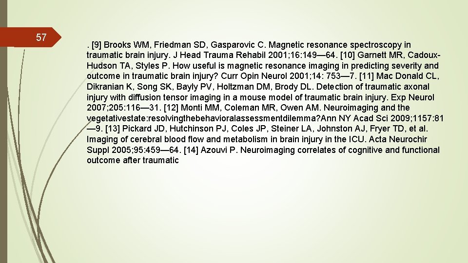 57 . [9] Brooks WM, Friedman SD, Gasparovic C. Magnetic resonance spectroscopy in traumatic