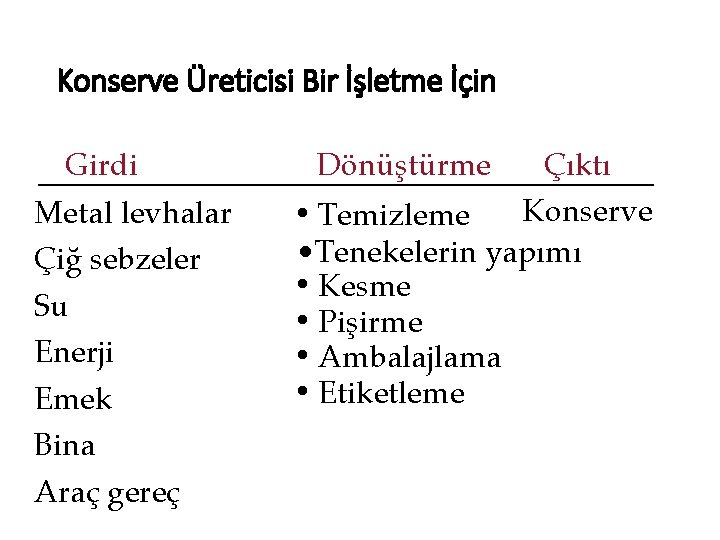 Konserve Üreticisi Bir İşletme İçin Girdi Metal levhalar Çiğ sebzeler Su Enerji Emek Bina