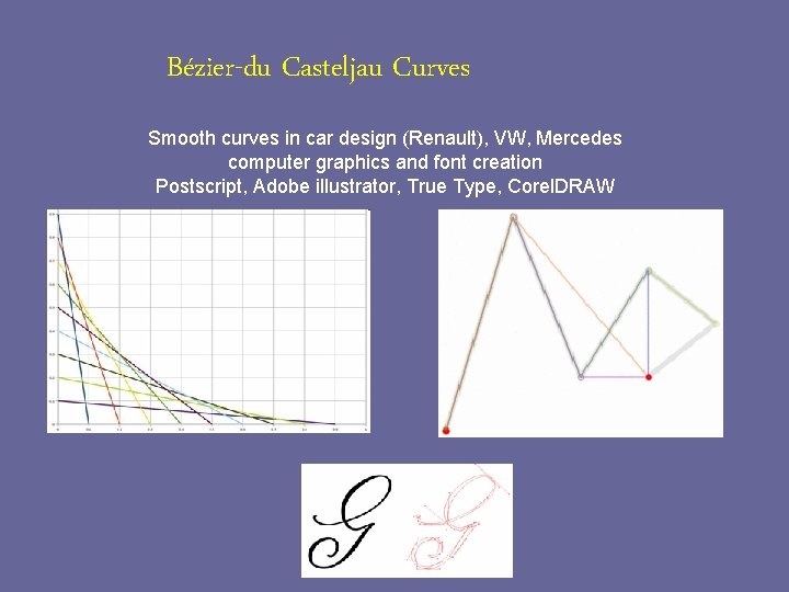 Bézier-du Casteljau Curves Smooth curves in car design (Renault), VW, Mercedes computer graphics and