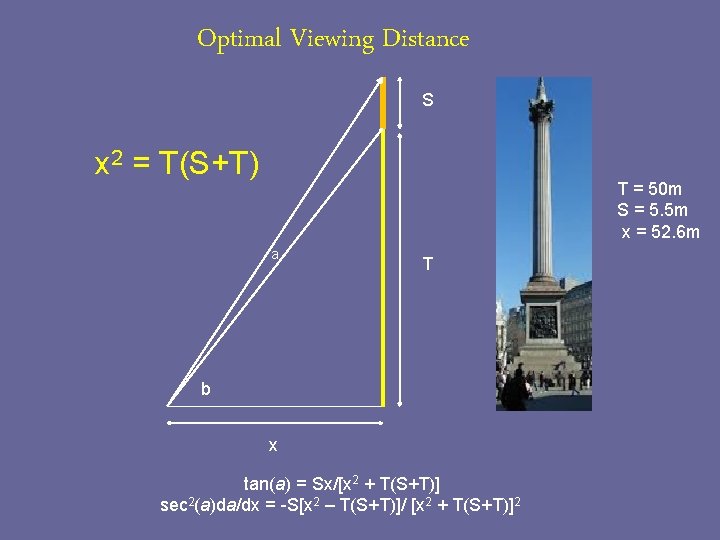Optimal Viewing Distance S x 2 = T(S+T) T = 50 m S =