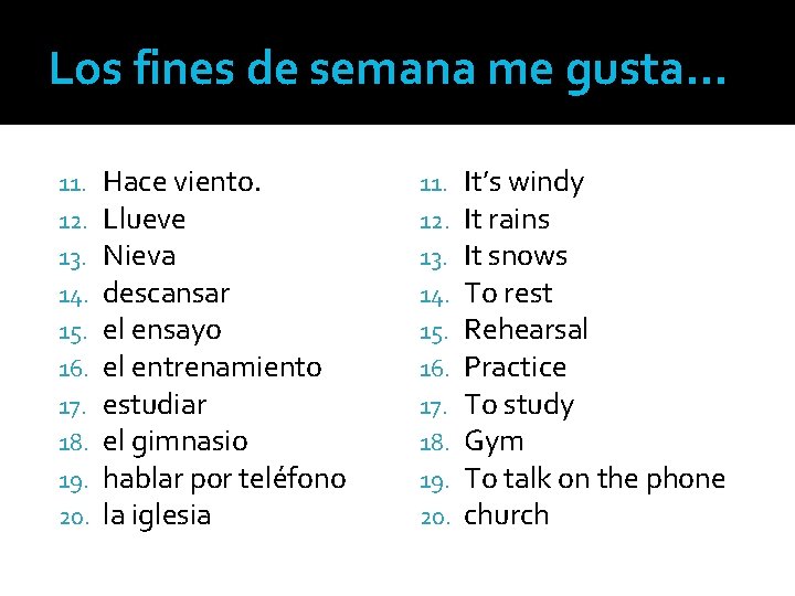 Los fines de semana me gusta… 11. 12. 13. 14. 15. 16. 17. 18.