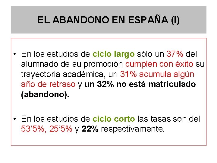 EL ABANDONO EN ESPAÑA (I) • En los estudios de ciclo largo sólo un