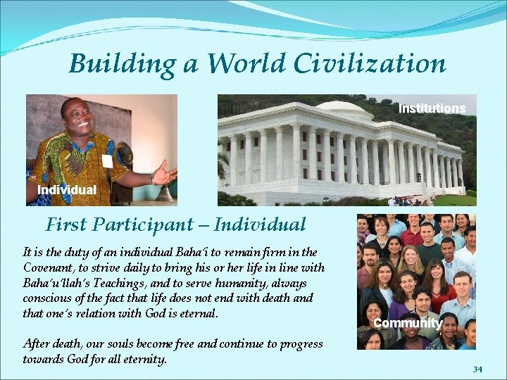 Building a World Civilization Institutions Individual First Participant – Individual It is the duty