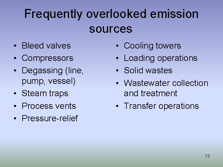 Frequently overlooked emission sources • Bleed valves • Compressors • Degassing (line, pump, vessel)
