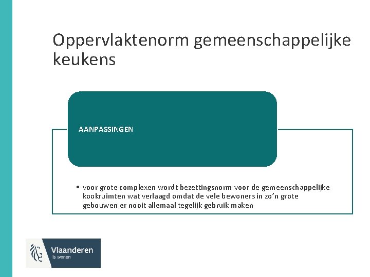 Oppervlaktenorm gemeenschappelijke keukens AANPASSINGEN • voor grote complexen wordt bezettingsnorm voor de gemeenschappelijke kookruimten