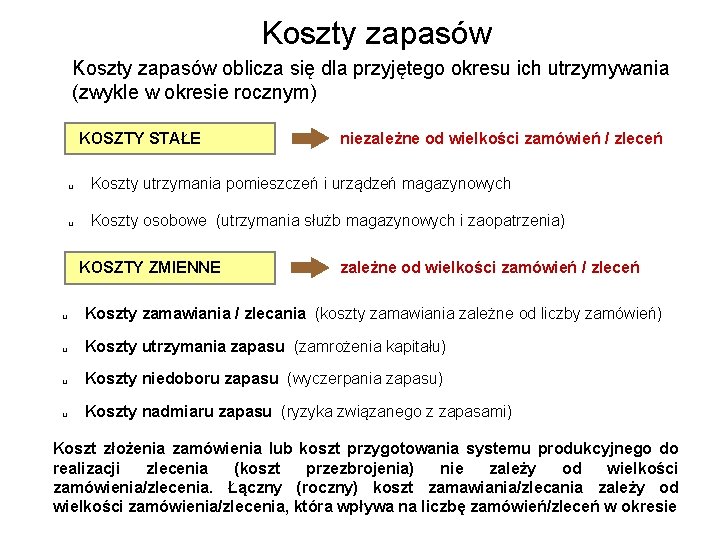 Koszty zapasów oblicza się dla przyjętego okresu ich utrzymywania (zwykle w okresie rocznym) KOSZTY