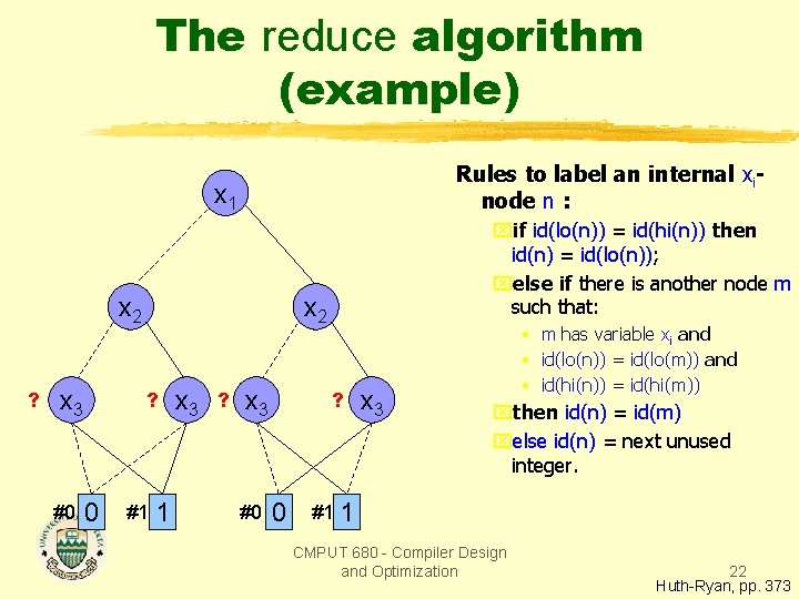 The reduce algorithm (example) Rules to label an internal xinode n : x 1