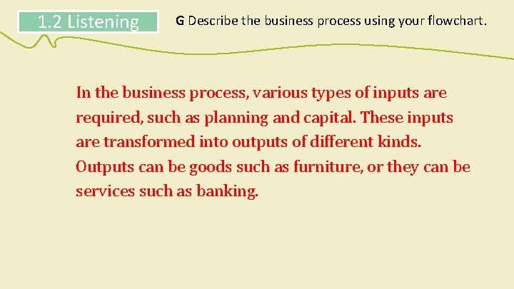 1. 2 Listening G Describe the business process using your flowchart. In the business