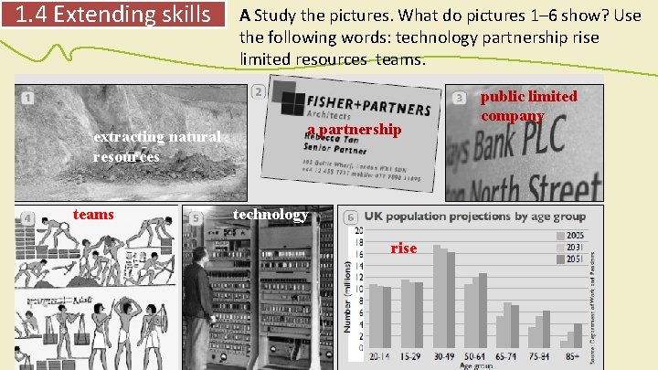 1. 4 Extending skills extracting natural resources teams A Study the pictures. What do