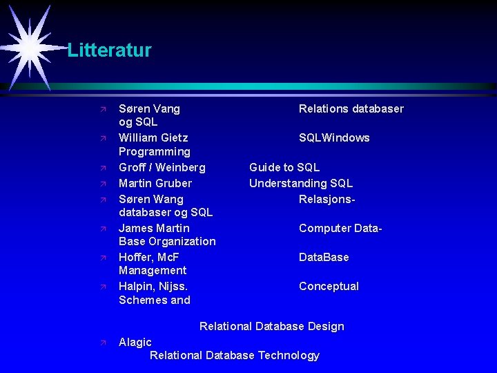 Litteratur ä ä ä ä Søren Vang og SQL William Gietz Programming Groff /