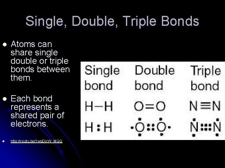 Single, Double, Triple Bonds l Atoms can share single double or triple bonds between