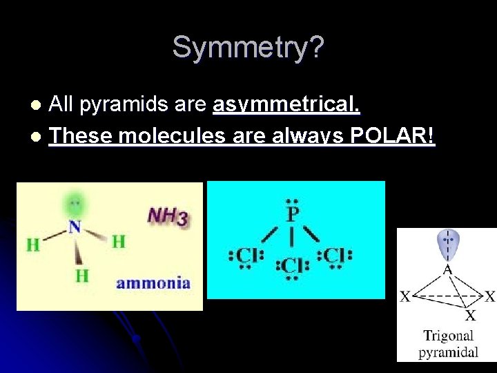 Symmetry? All pyramids are asymmetrical. l These molecules are always POLAR! l 