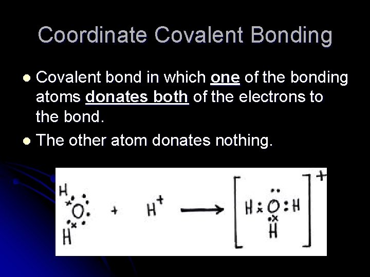 Coordinate Covalent Bonding Covalent bond in which one of the bonding atoms donates both