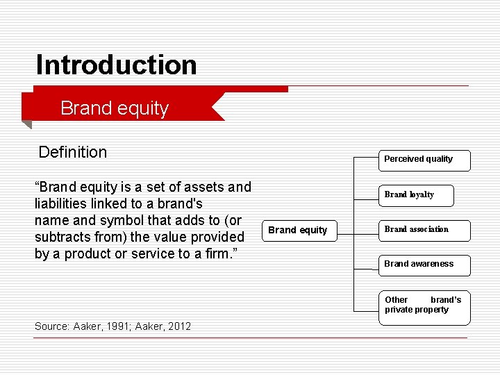 Introduction o Brand equity Definition “Brand equity is a set of assets and liabilities