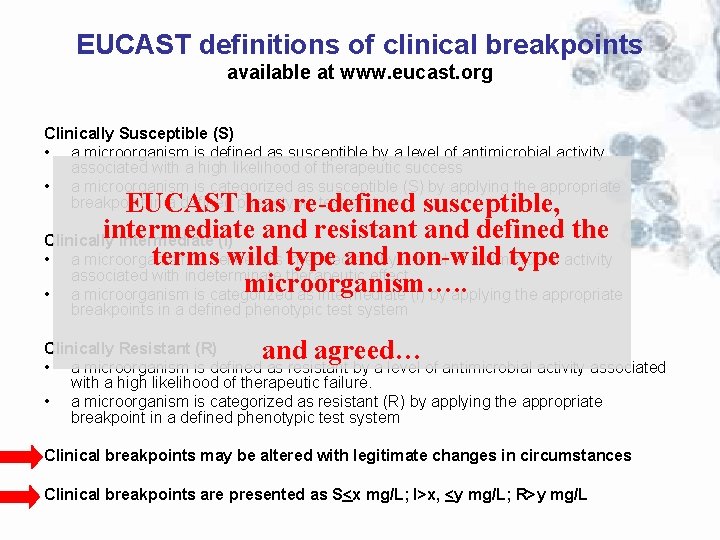EUCAST definitions of clinical breakpoints available at www. eucast. org Clinically Susceptible (S) •