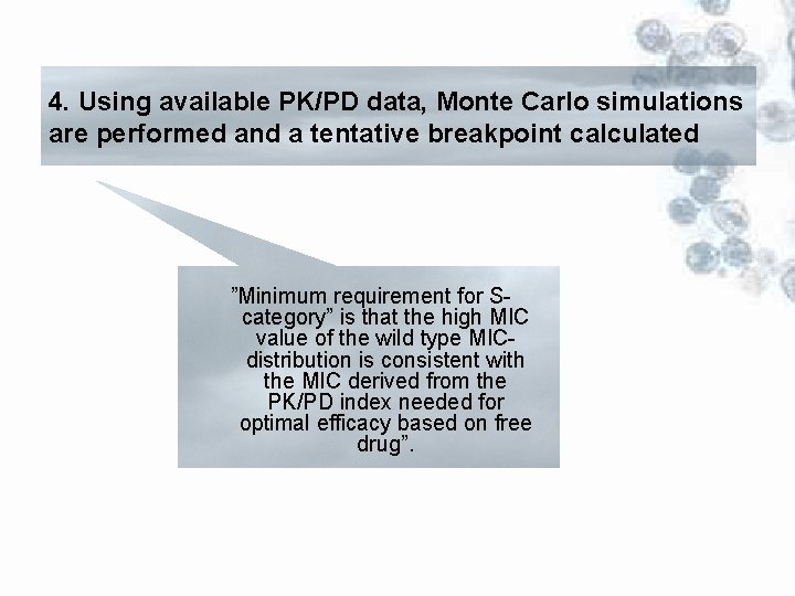 4. Using available PK/PD data, Monte Carlo simulations are performed and a tentative breakpoint
