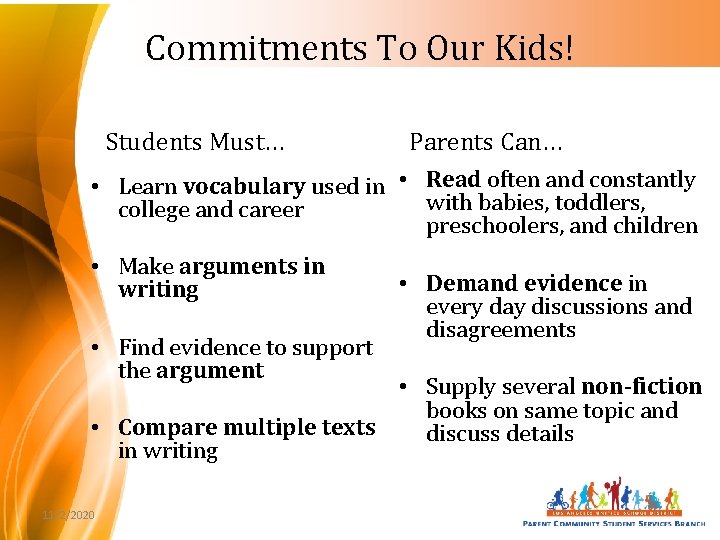 Commitments To Our Kids! Students Must… Parents Can… • Learn vocabulary used in •