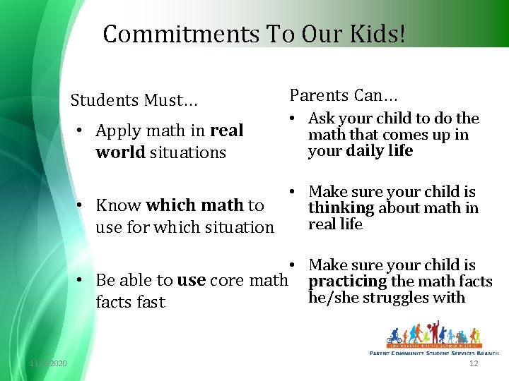 Commitments To Our Kids! Students Must… • Apply math in real world situations Parents