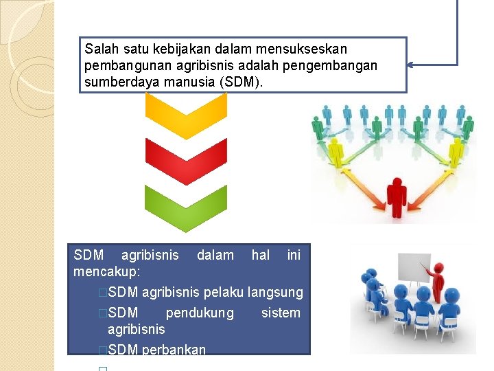 Salah satu kebijakan dalam mensukseskan pembangunan agribisnis adalah pengembangan sumberdaya manusia (SDM). SDM agribisnis