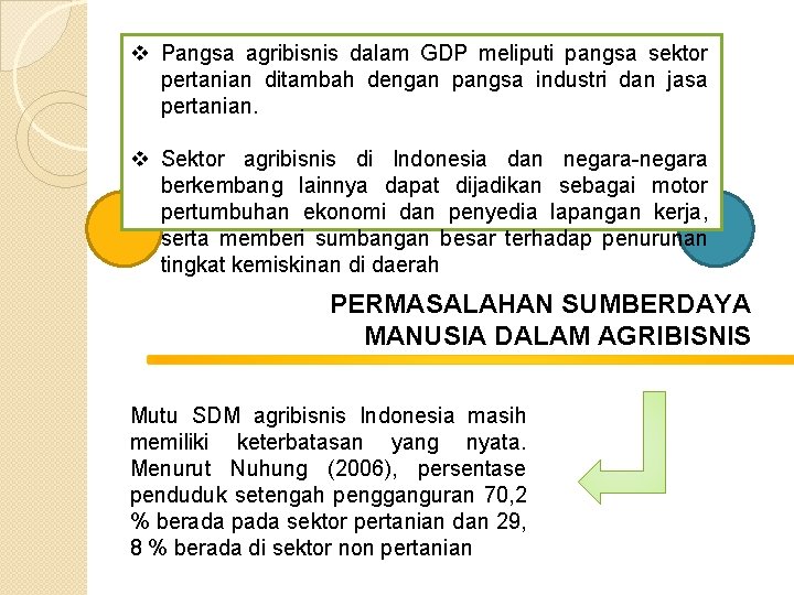v Pangsa agribisnis dalam GDP meliputi pangsa sektor pertanian ditambah dengan pangsa industri dan