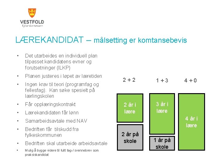LÆREKANDIDAT – målsetting er komtansebevis • Det utarbeides en individuell plan tilpasset kandidatens evner