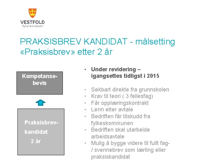 PRAKSISBREV KANDIDAT - målsetting «Praksisbrev» etter 2 år Kompetansebevis Praksisbrevkandidat 2 år • Under