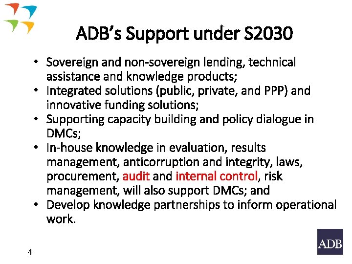 ADB’s Support under S 2030 • Sovereign and non-sovereign lending, technical assistance and knowledge