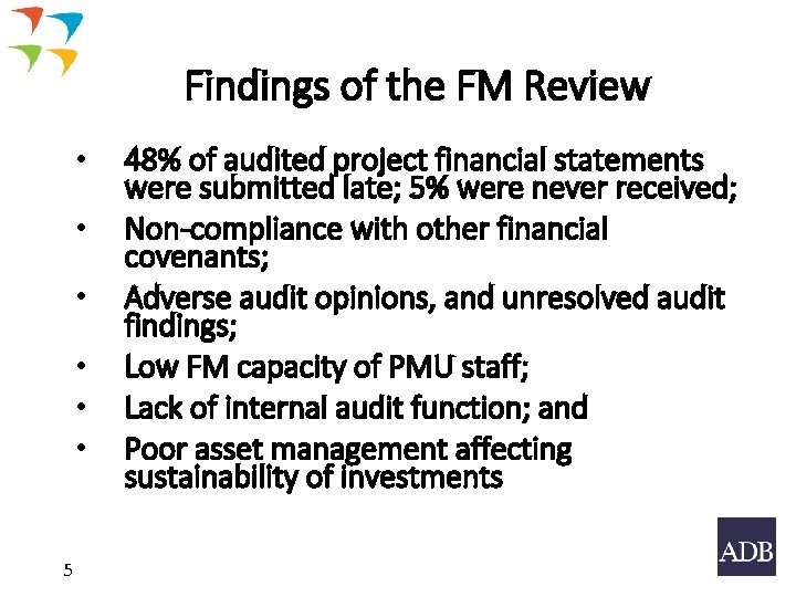 Findings of the FM Review • • • 5 48% of audited project financial