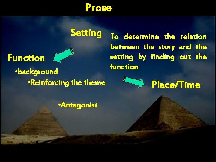 Prose Setting Function • background • Reinforcing theme • Antagonist To determine the relation