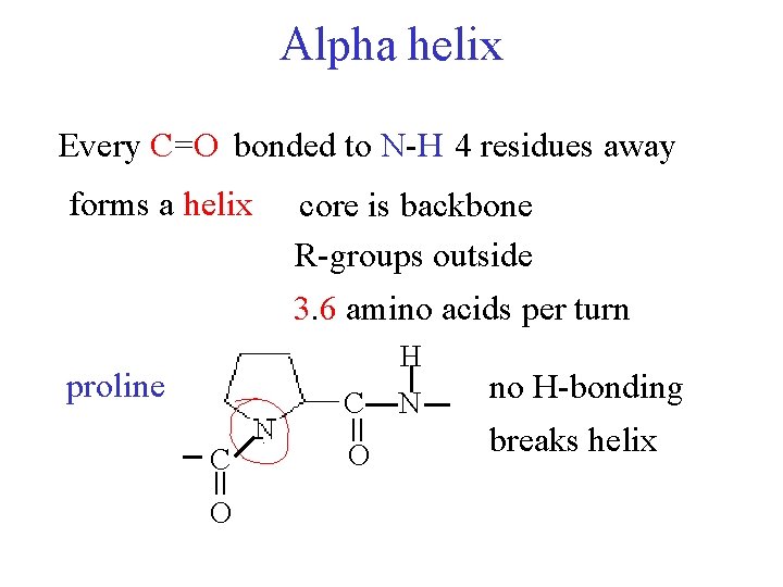 Alpha helix Every C=O bonded to N-H 4 residues away forms a helix core