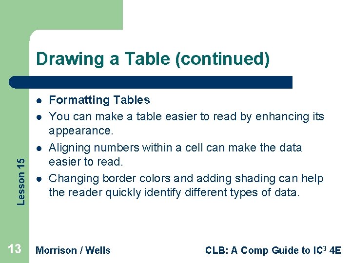 Drawing a Table (continued) l l Lesson 15 l 13 l Formatting Tables You