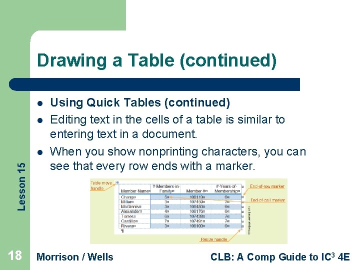 Drawing a Table (continued) l l Lesson 15 l 18 Using Quick Tables (continued)