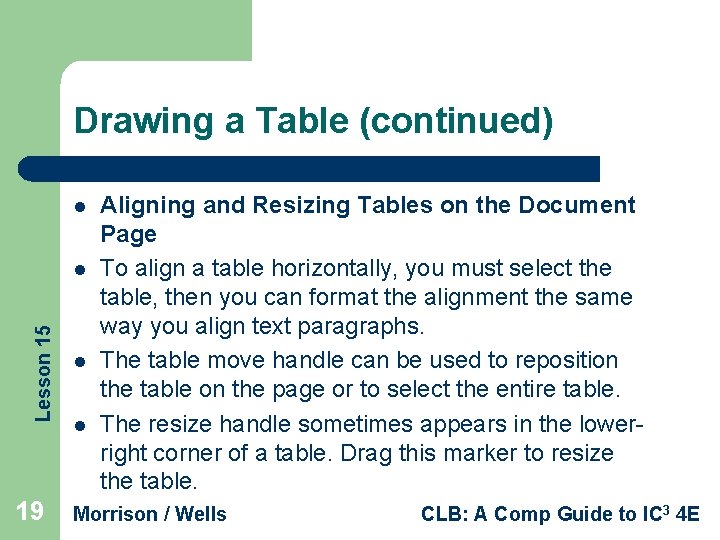 Drawing a Table (continued) l Lesson 15 l 19 l l Aligning and Resizing