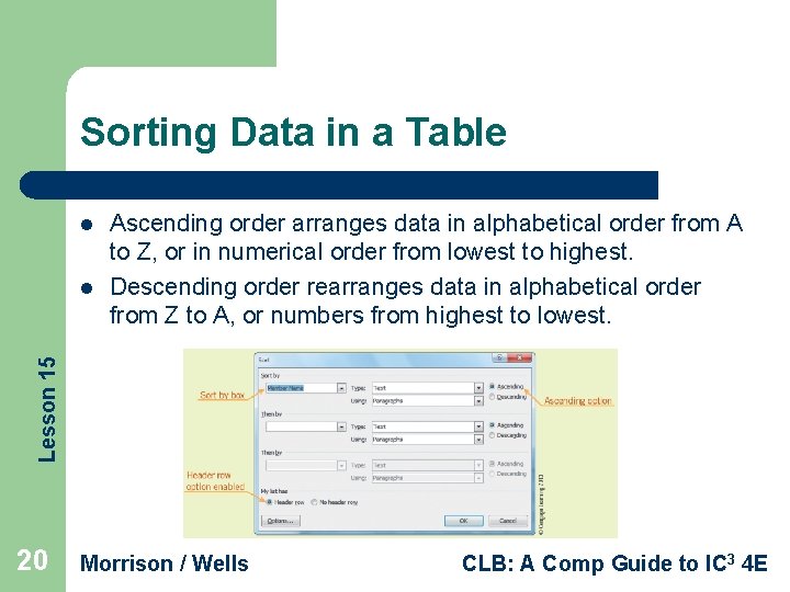 Sorting Data in a Table l Lesson 15 l Ascending order arranges data in