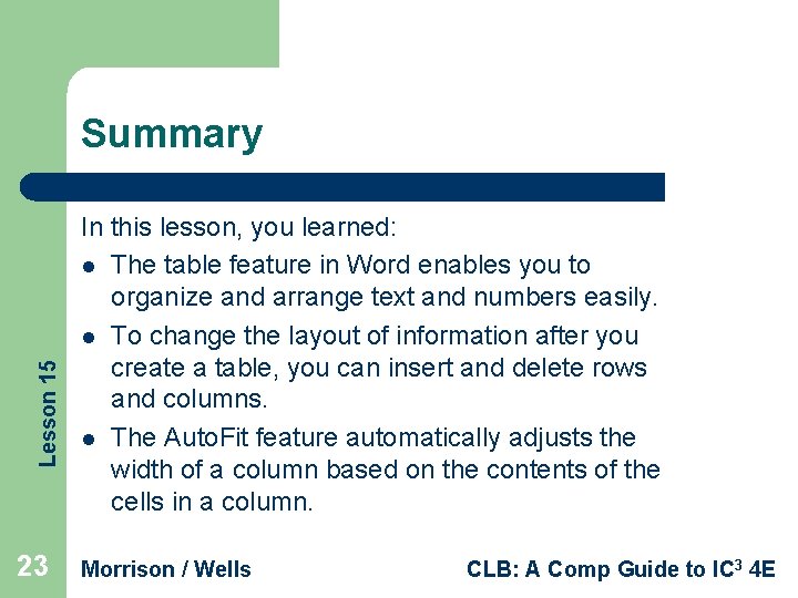 Lesson 15 Summary 23 In this lesson, you learned: l The table feature in
