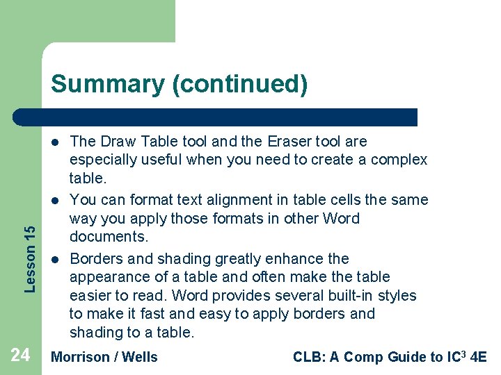 Summary (continued) l Lesson 15 l 24 l The Draw Table tool and the
