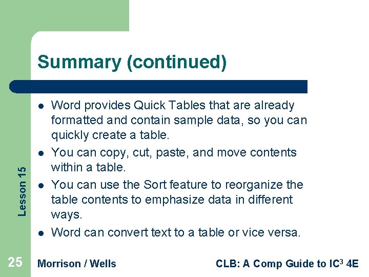 Summary (continued) l Lesson 15 l l l 25 Word provides Quick Tables that