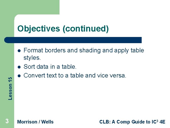 Objectives (continued) l Lesson 15 l 3 l Format borders and shading and apply