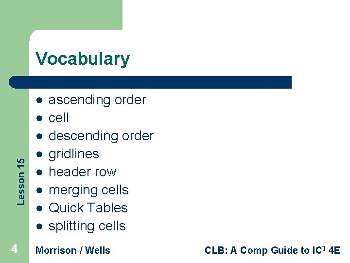 Vocabulary l l Lesson 15 l l l 4 ascending order cell descending order