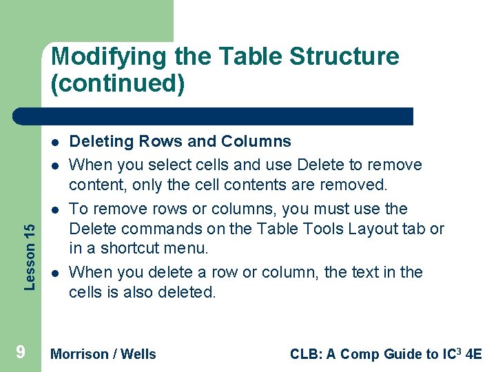 Modifying the Table Structure (continued) l l Lesson 15 l 9 l Deleting Rows