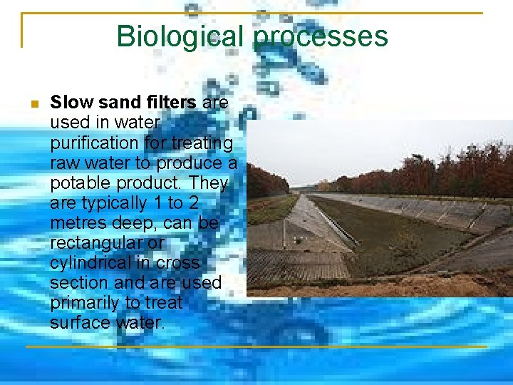 Biological processes n Slow sand filters are used in water purification for treating raw