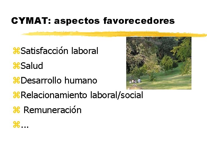 CYMAT: aspectos favorecedores Satisfacción laboral Salud Desarrollo humano Relacionamiento laboral/social Remuneración . . .