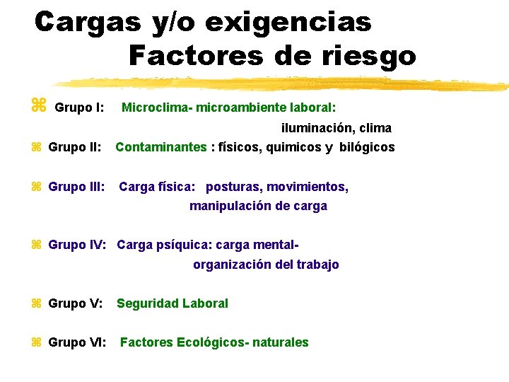 Cargas y/o exigencias Factores de riesgo Grupo I: Microclima- microambiente laboral: iluminación, clima Grupo