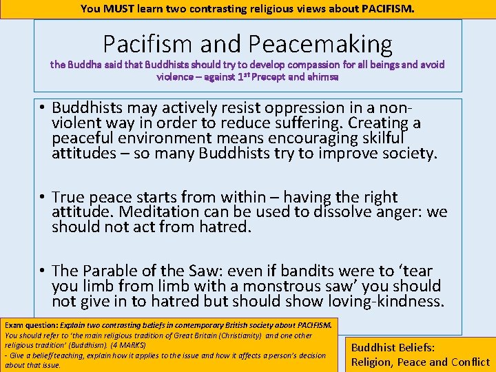 You MUST learn two contrasting religious views about PACIFISM. Pacifism and Peacemaking the Buddha