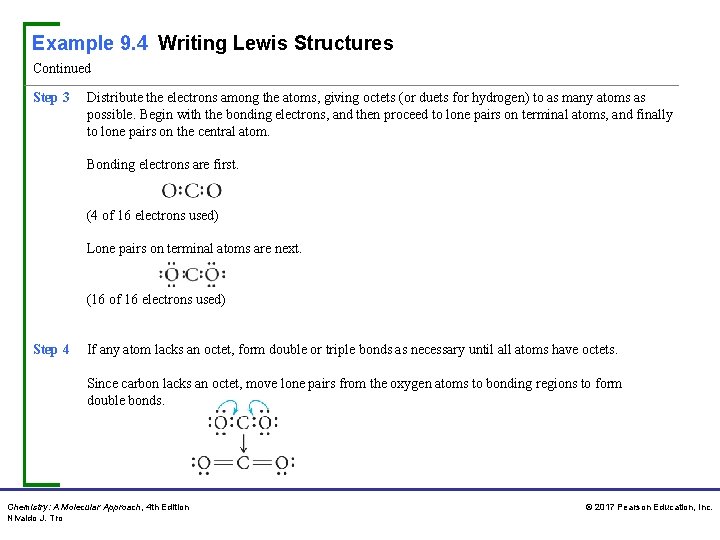 Example 9. 4 Writing Lewis Structures Continued Step 3 Distribute the electrons among the