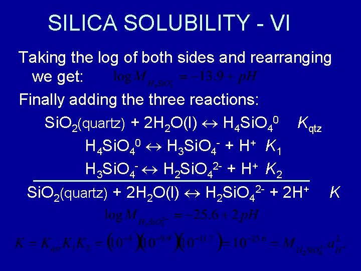 SILICA SOLUBILITY - VI Taking the log of both sides and rearranging we get: